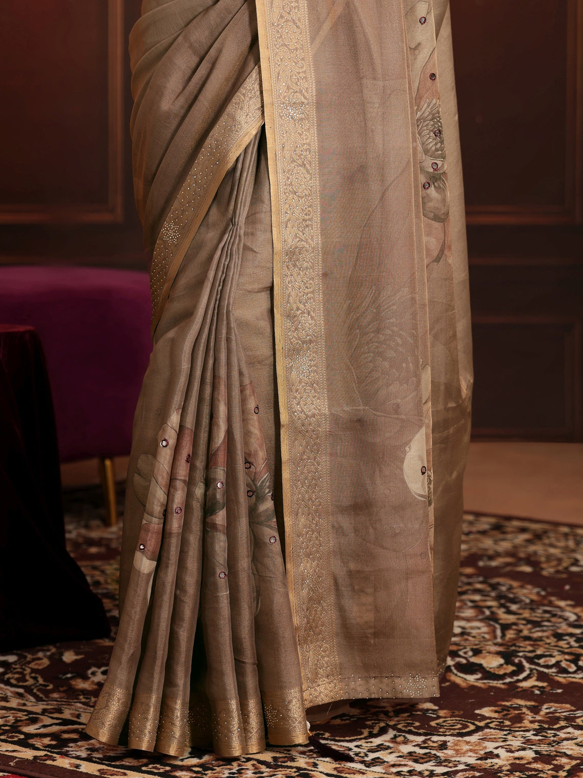 Mameraa Brown Floral Printed Silk Blend Saree