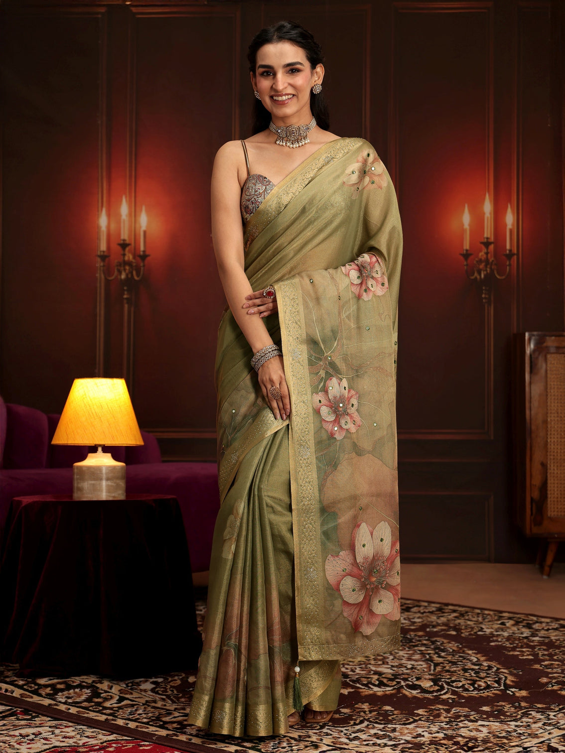 Mameraa Dusty Olive Green Floral Printed Silk Blend Saree