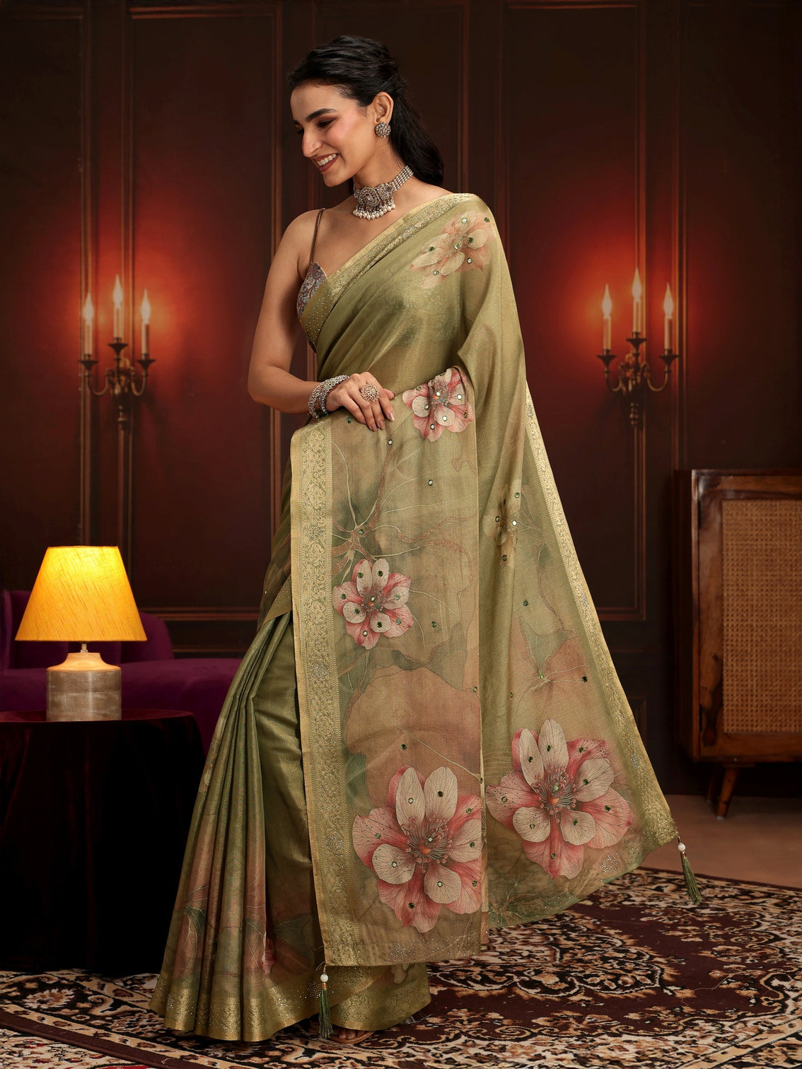 Mameraa Dusty Olive Green Floral Printed Silk Blend Saree