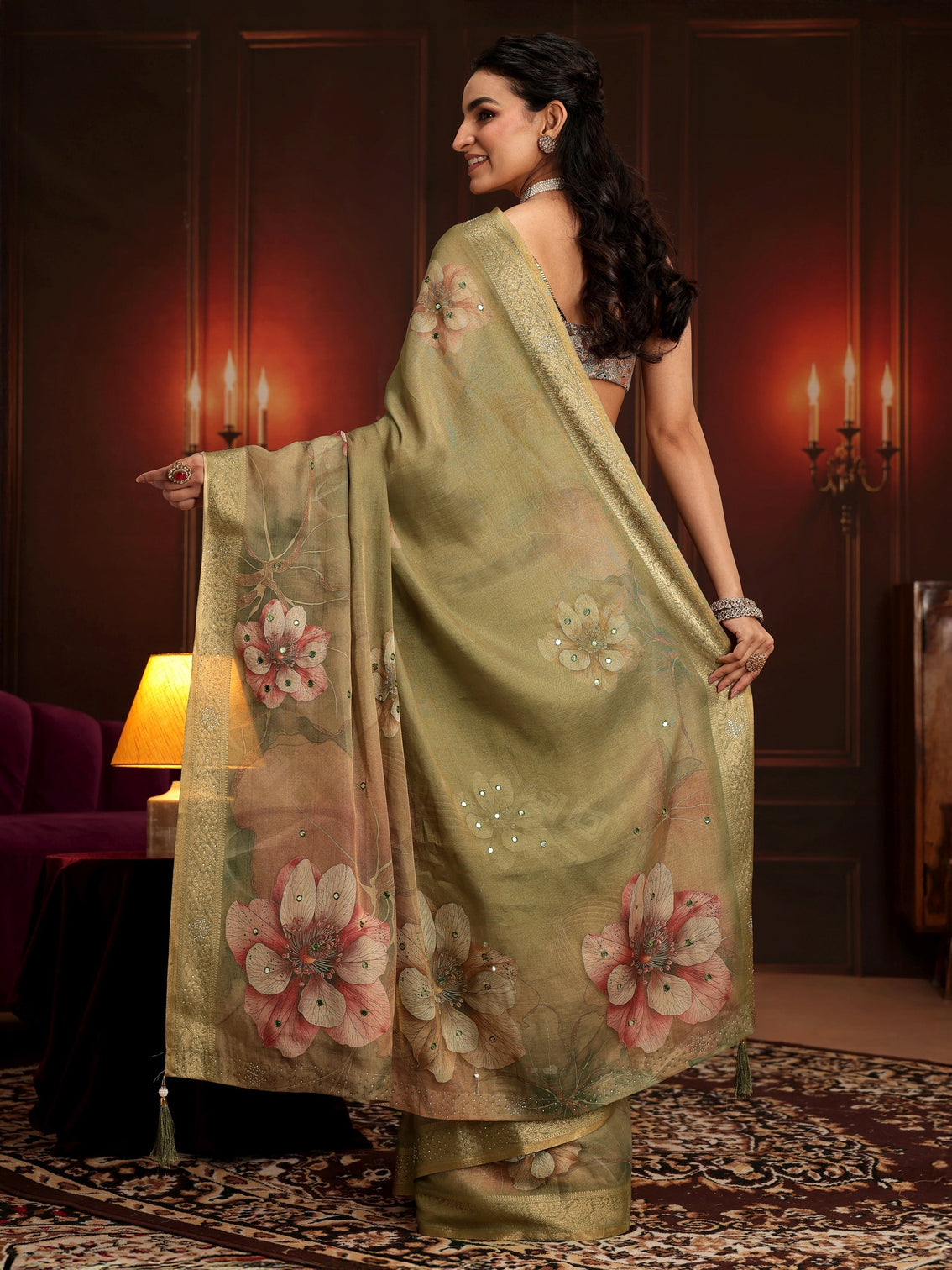 Mameraa Dusty Olive Green Floral Printed Silk Blend Saree