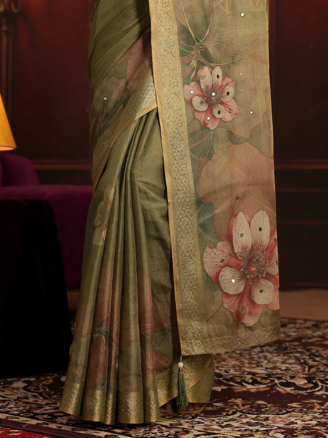 Mameraa Dusty Olive Green Floral Printed Silk Blend Saree