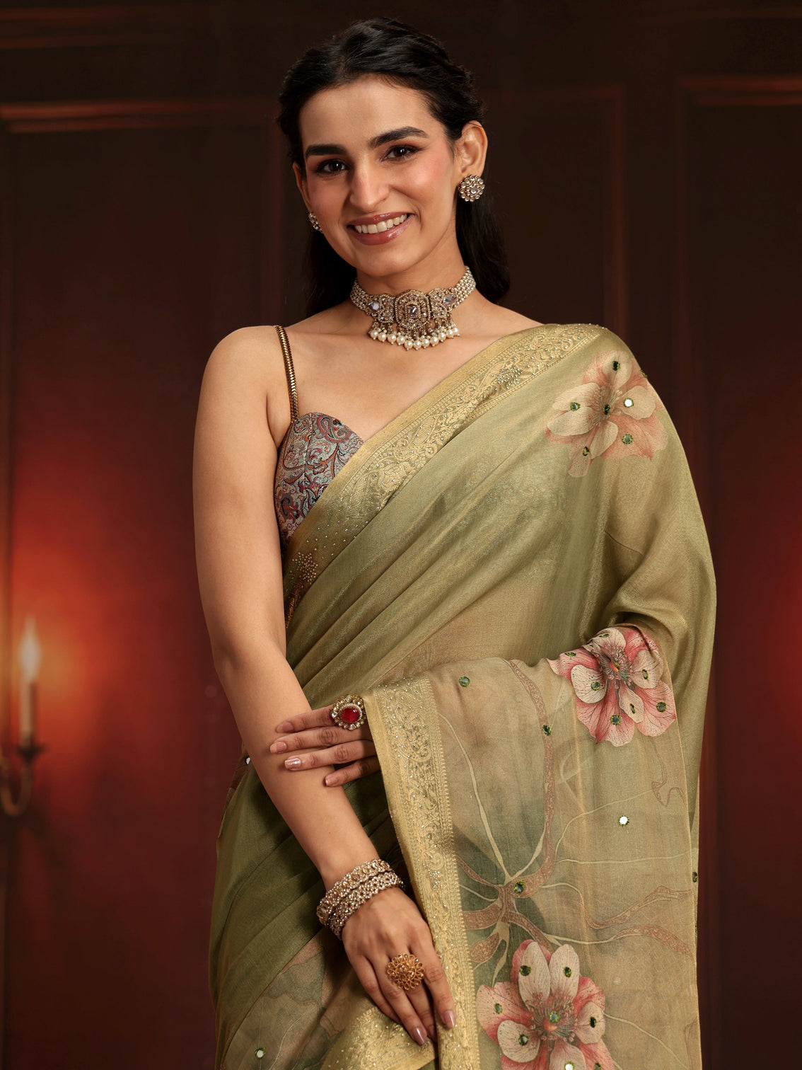 Mameraa Dusty Olive Green Floral Printed Silk Blend Saree