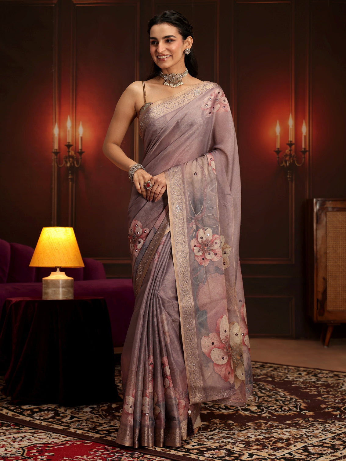 Mameraa Dusty Lilac Floral Printed Silk Blend Saree
