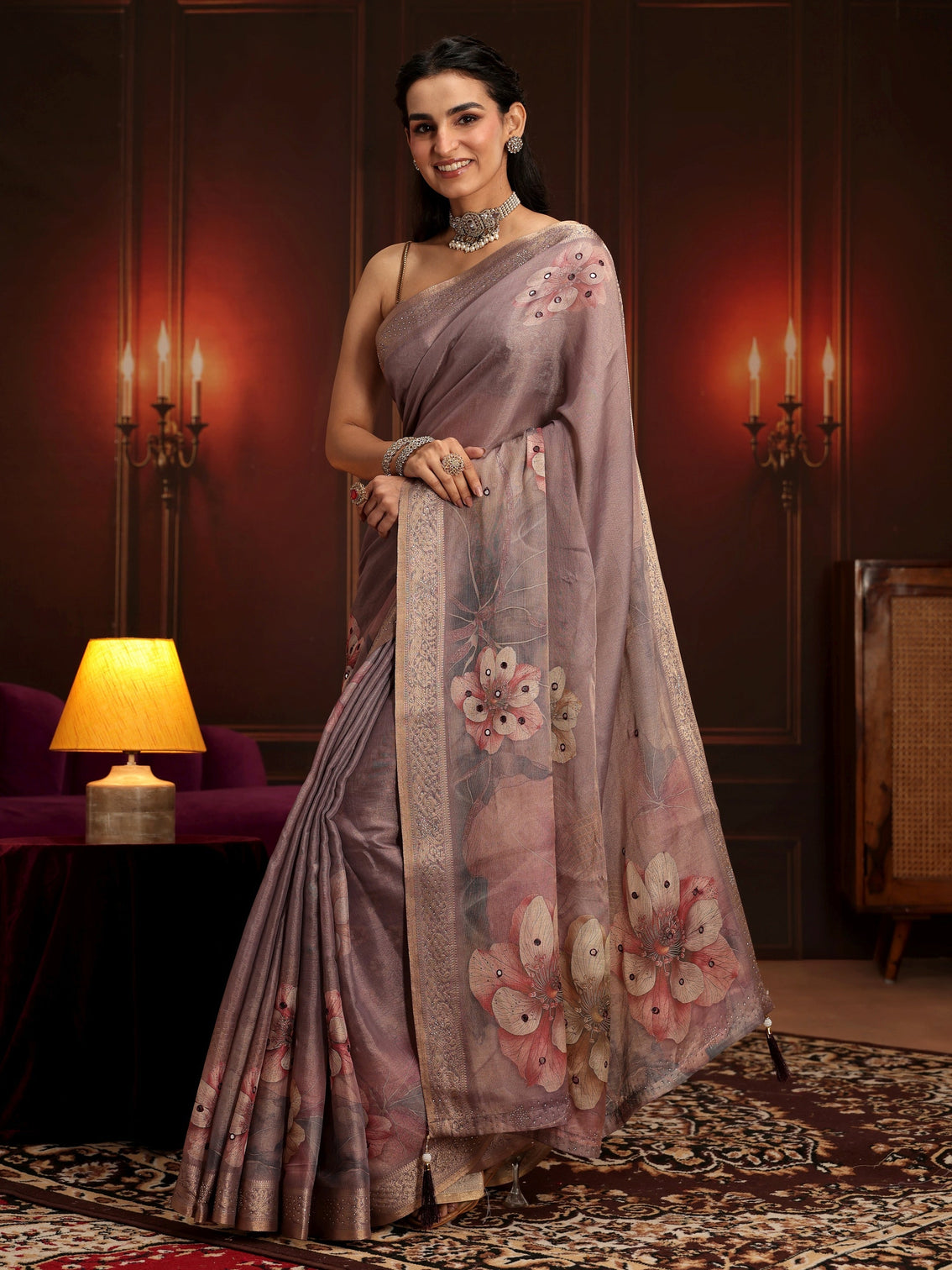 Mameraa Dusty Lilac Floral Printed Silk Blend Saree