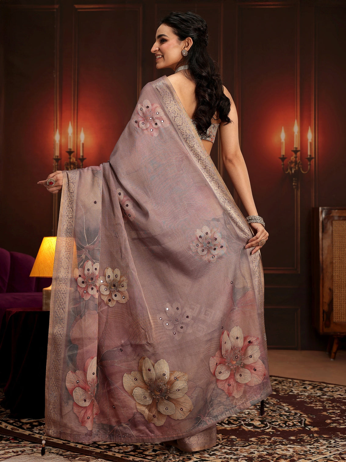 Mameraa Dusty Lilac Floral Printed Silk Blend Saree