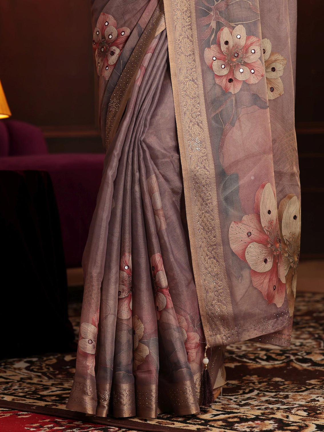 Mameraa Dusty Lilac Floral Printed Silk Blend Saree