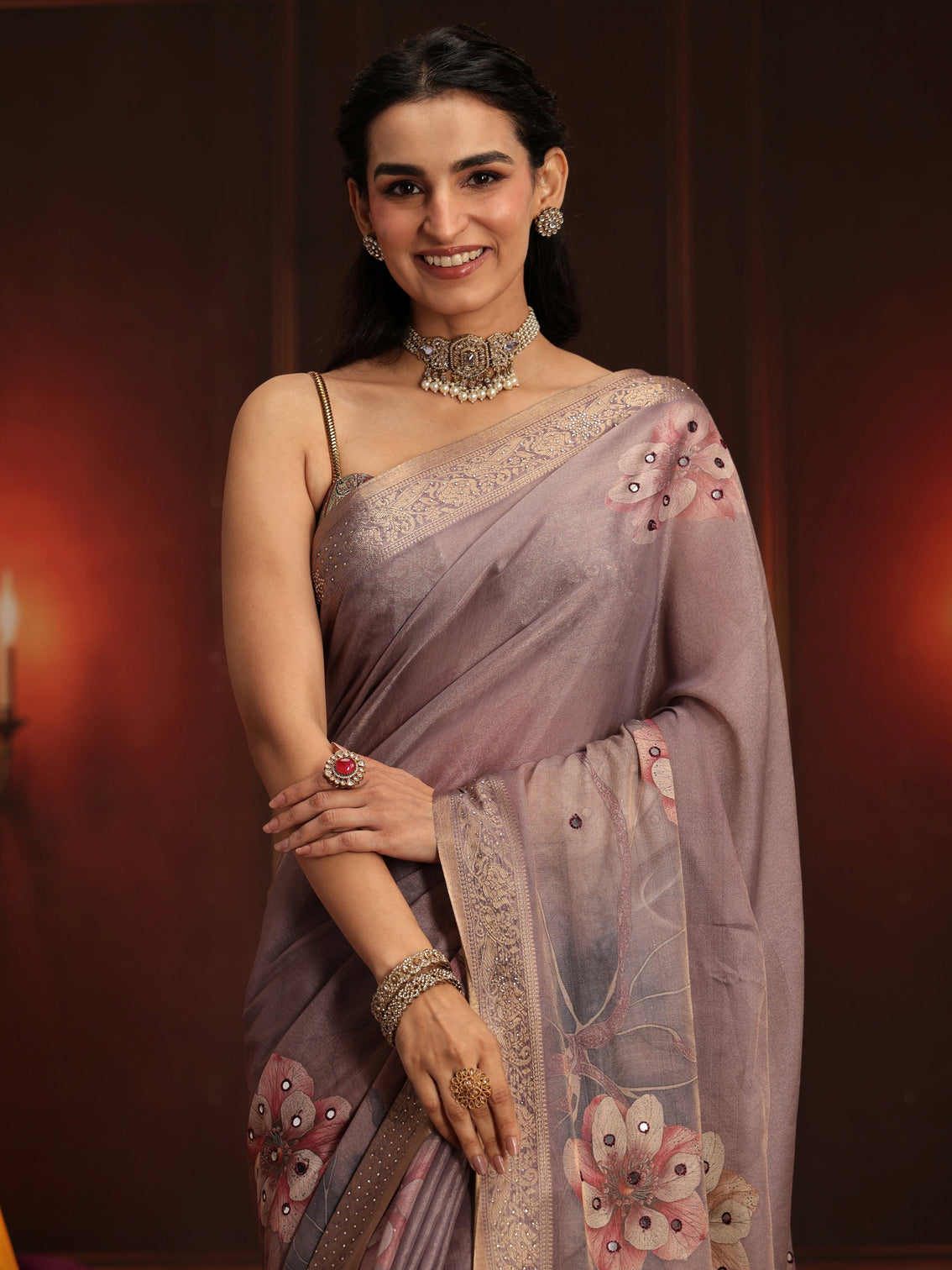 Mameraa Dusty Lilac Floral Printed Silk Blend Saree