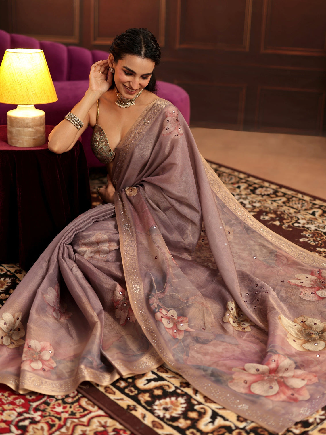 Mameraa Dusty Lilac Floral Printed Silk Blend Saree