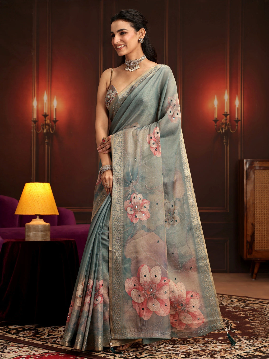Mameraa Dusty Green Floral Printed Silk Blend Saree