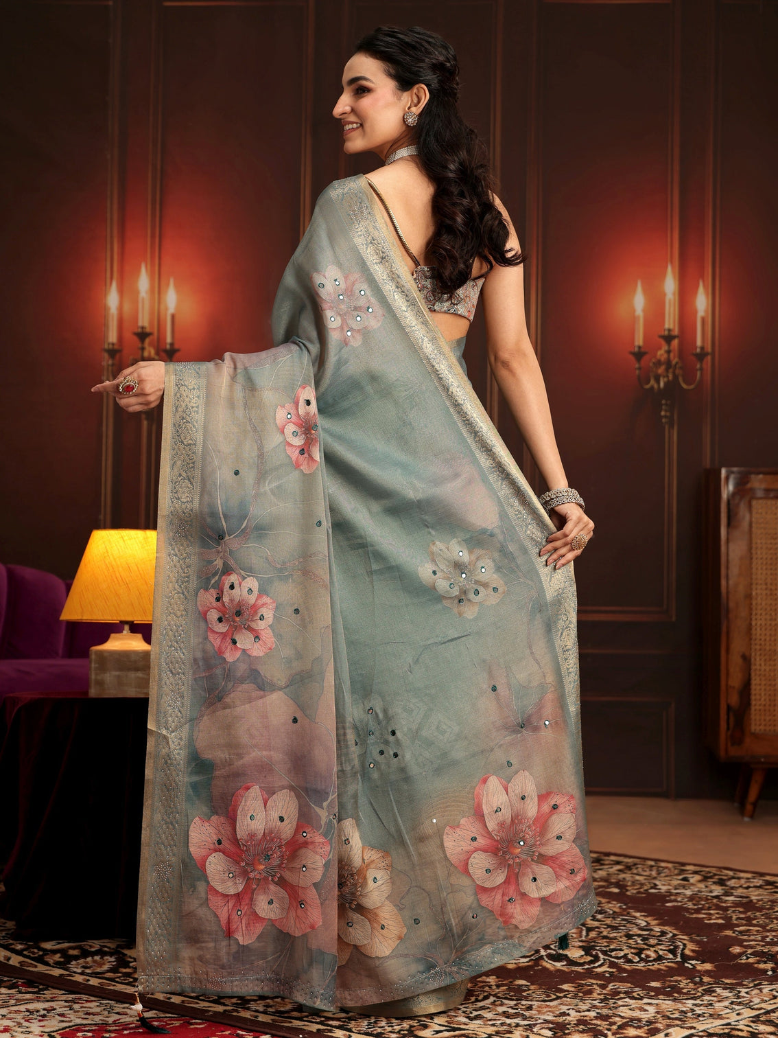 Mameraa Dusty Green Floral Printed Silk Blend Saree