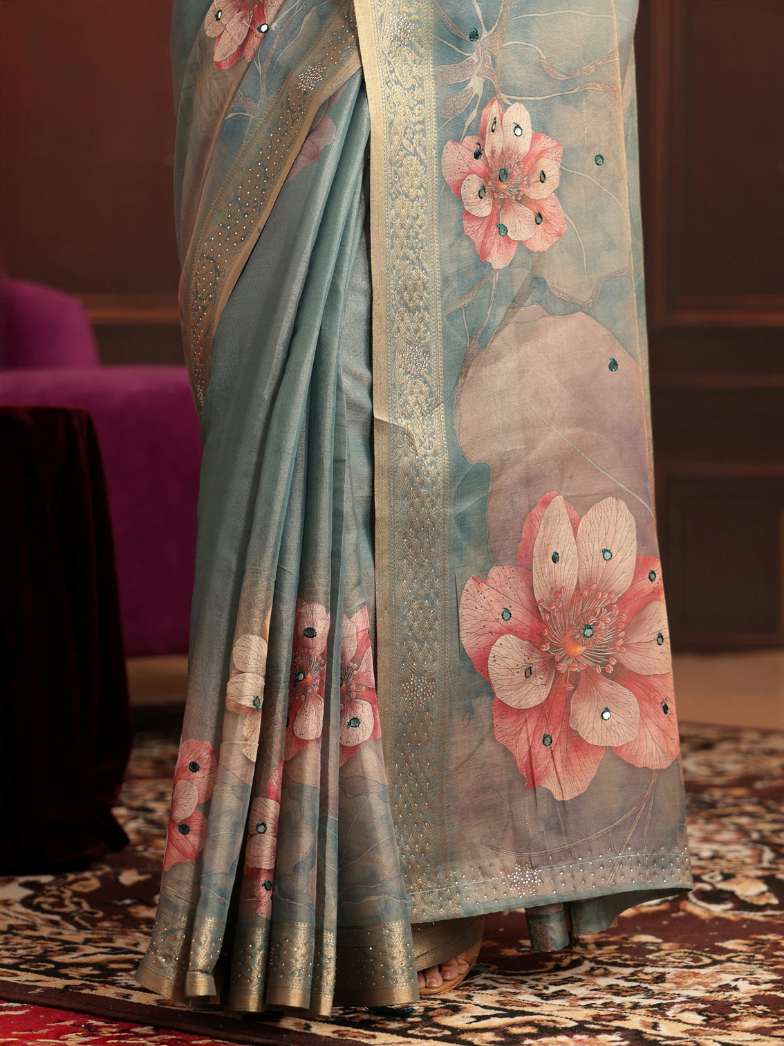 Mameraa Dusty Green Floral Printed Silk Blend Saree