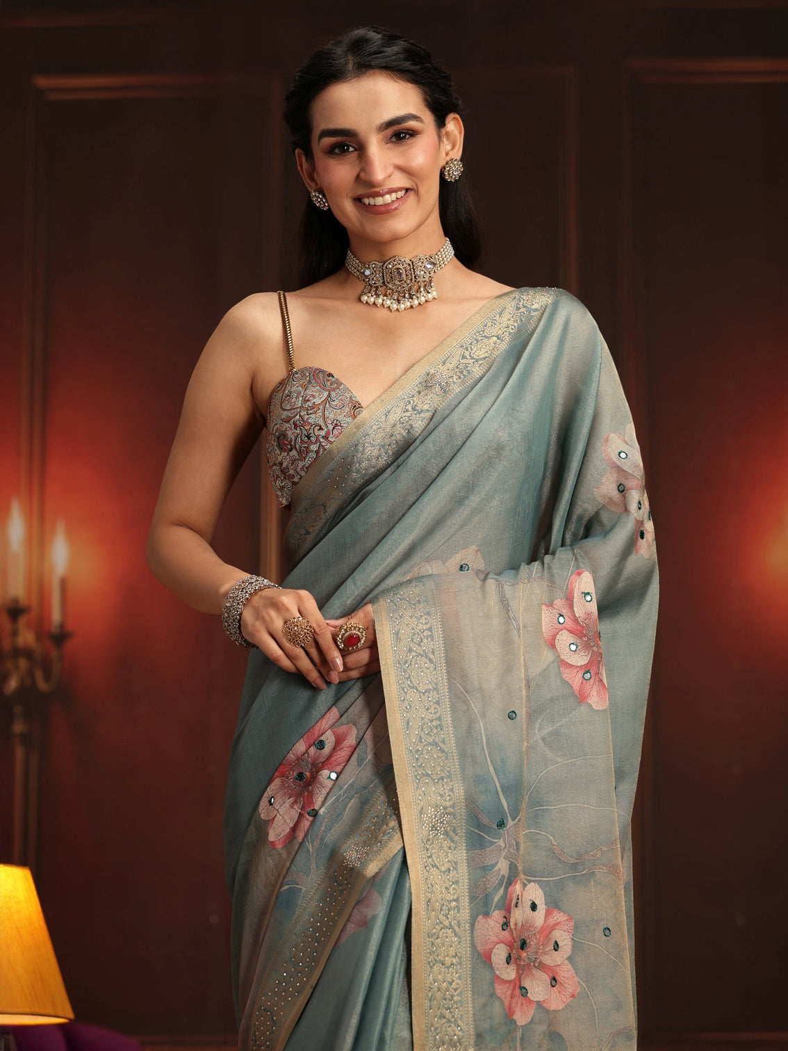 Mameraa Dusty Green Floral Printed Silk Blend Saree