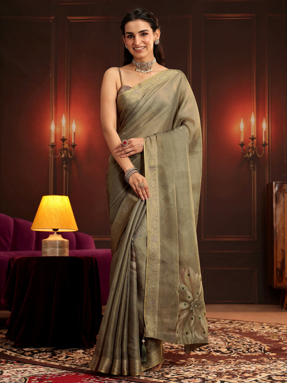 Mameraa Dusty Olive Green Floral Printed Silk Blend Saree