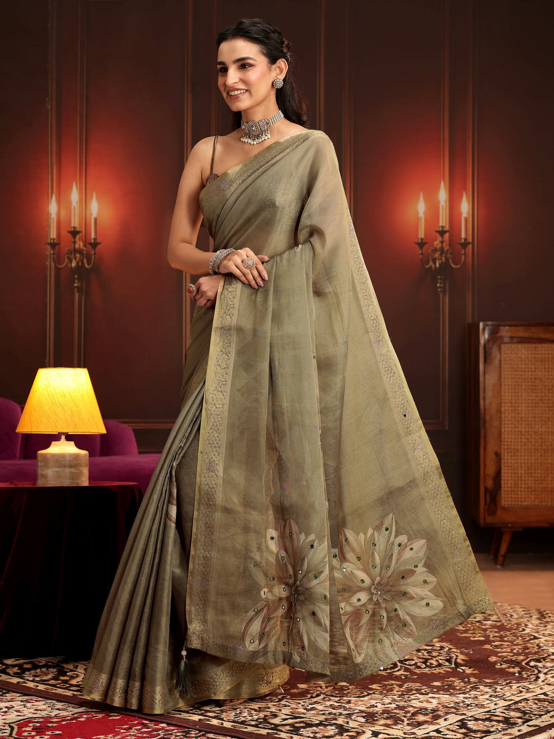 Mameraa Dusty Olive Green Floral Printed Silk Blend Saree