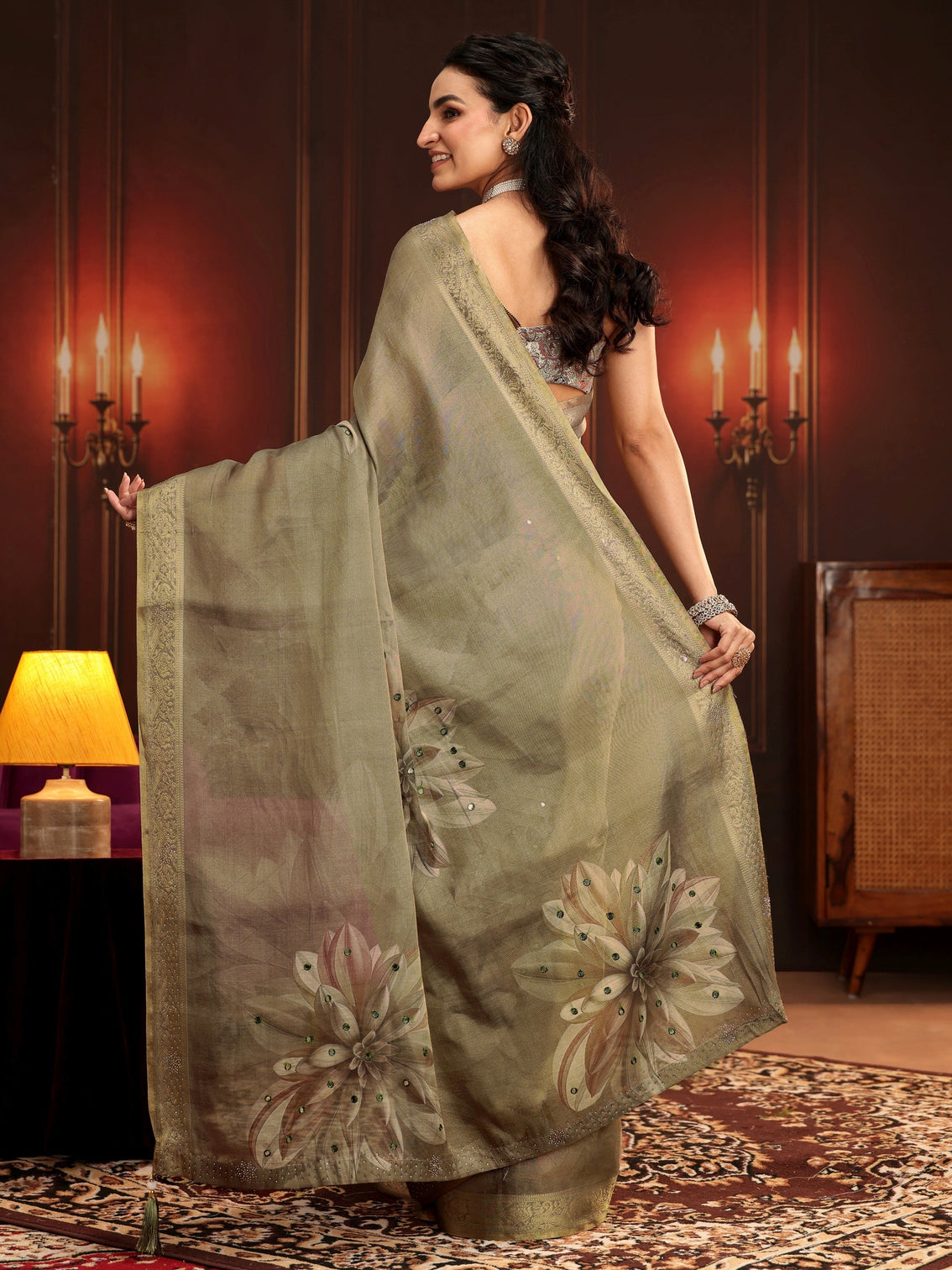 Mameraa Dusty Olive Green Floral Printed Silk Blend Saree