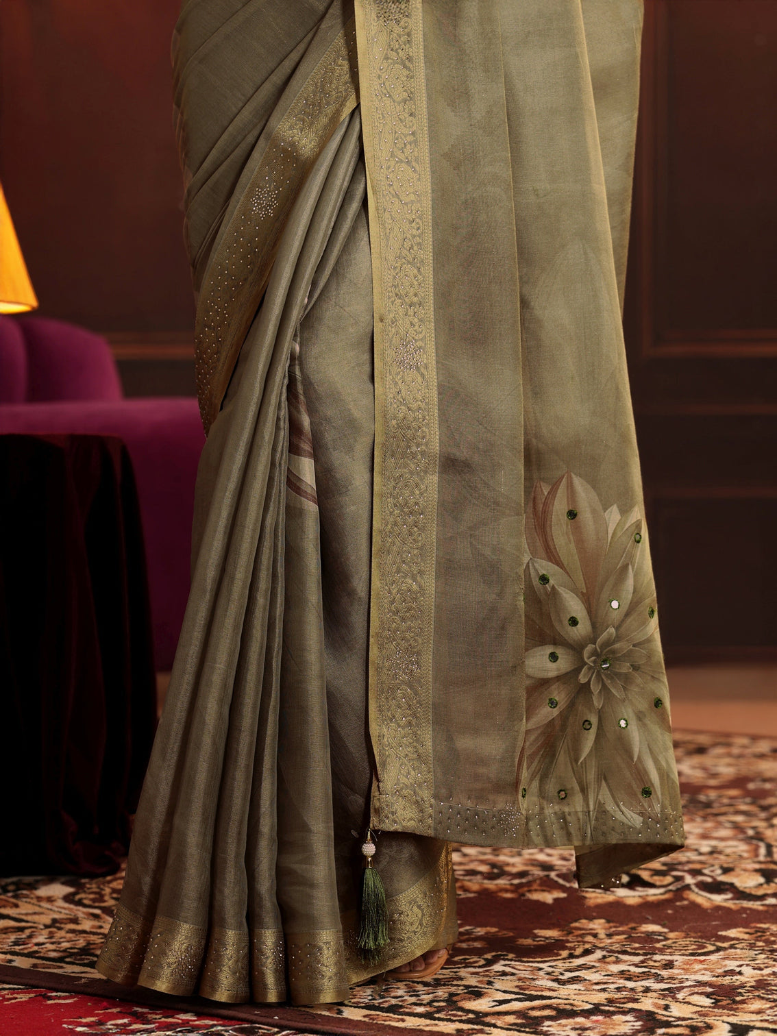 Mameraa Dusty Olive Green Floral Printed Silk Blend Saree