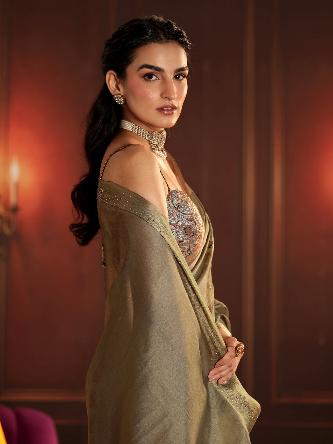 Mameraa Dusty Olive Green Floral Printed Silk Blend Saree