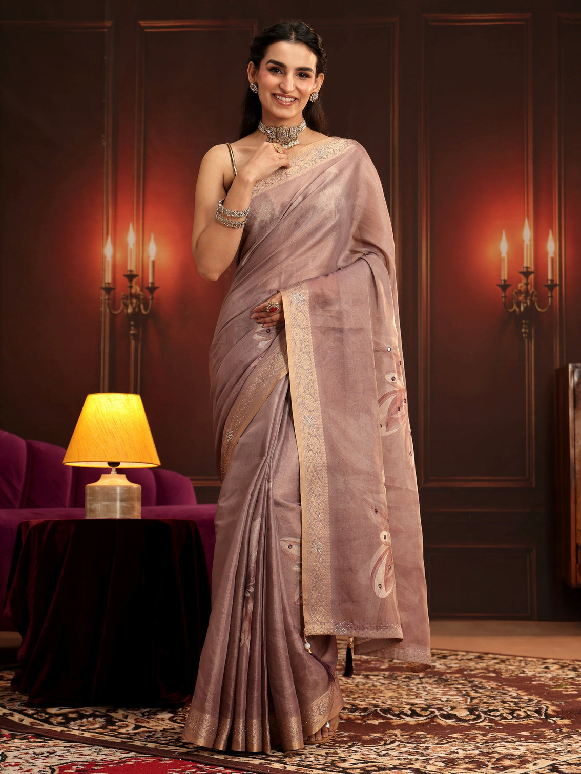 Mameraa Mauve Floral Printed Silk Blend Saree