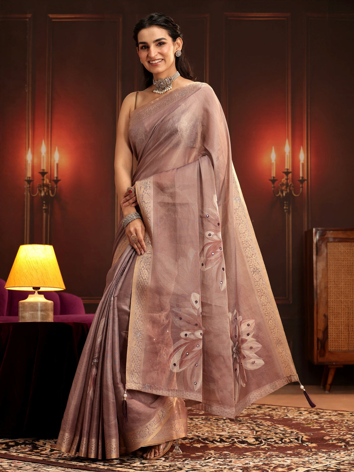 Mameraa Mauve Floral Printed Silk Blend Saree
