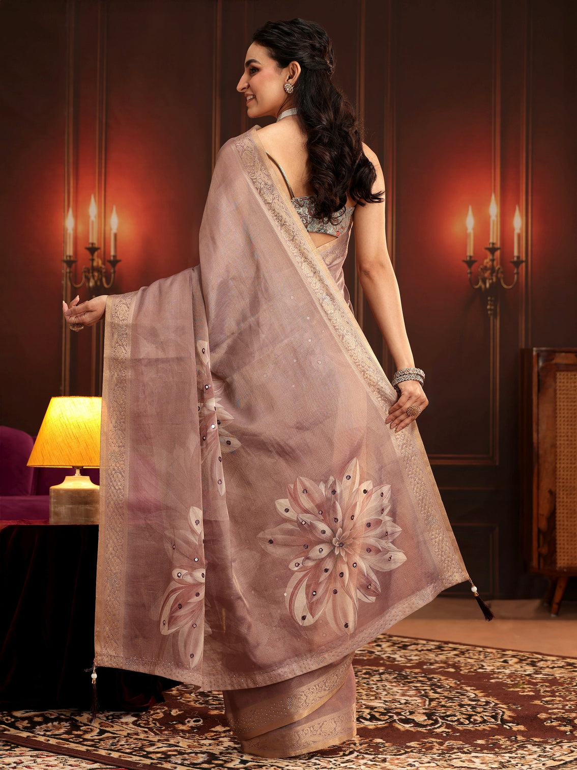 Mameraa Mauve Floral Printed Silk Blend Saree