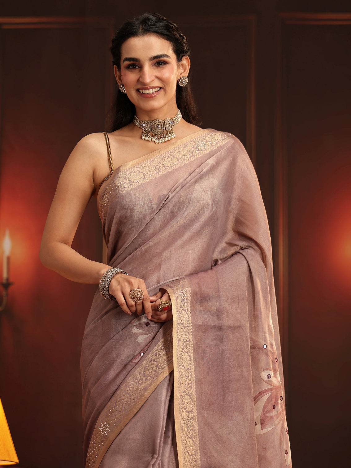 Mameraa Mauve Floral Printed Silk Blend Saree