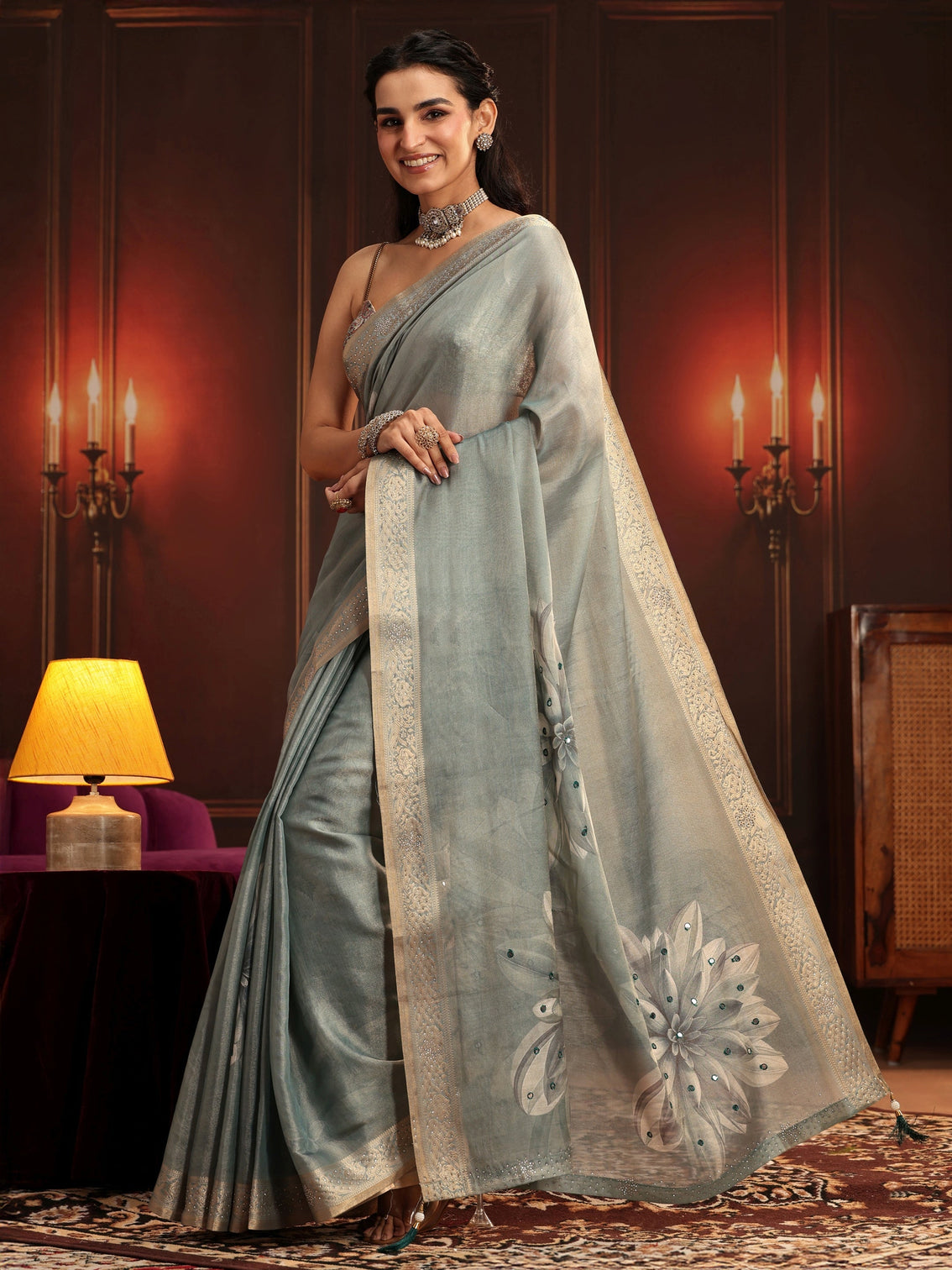 Mameraa Dusty Aqua Blue Floral Printed Silk Blend Saree