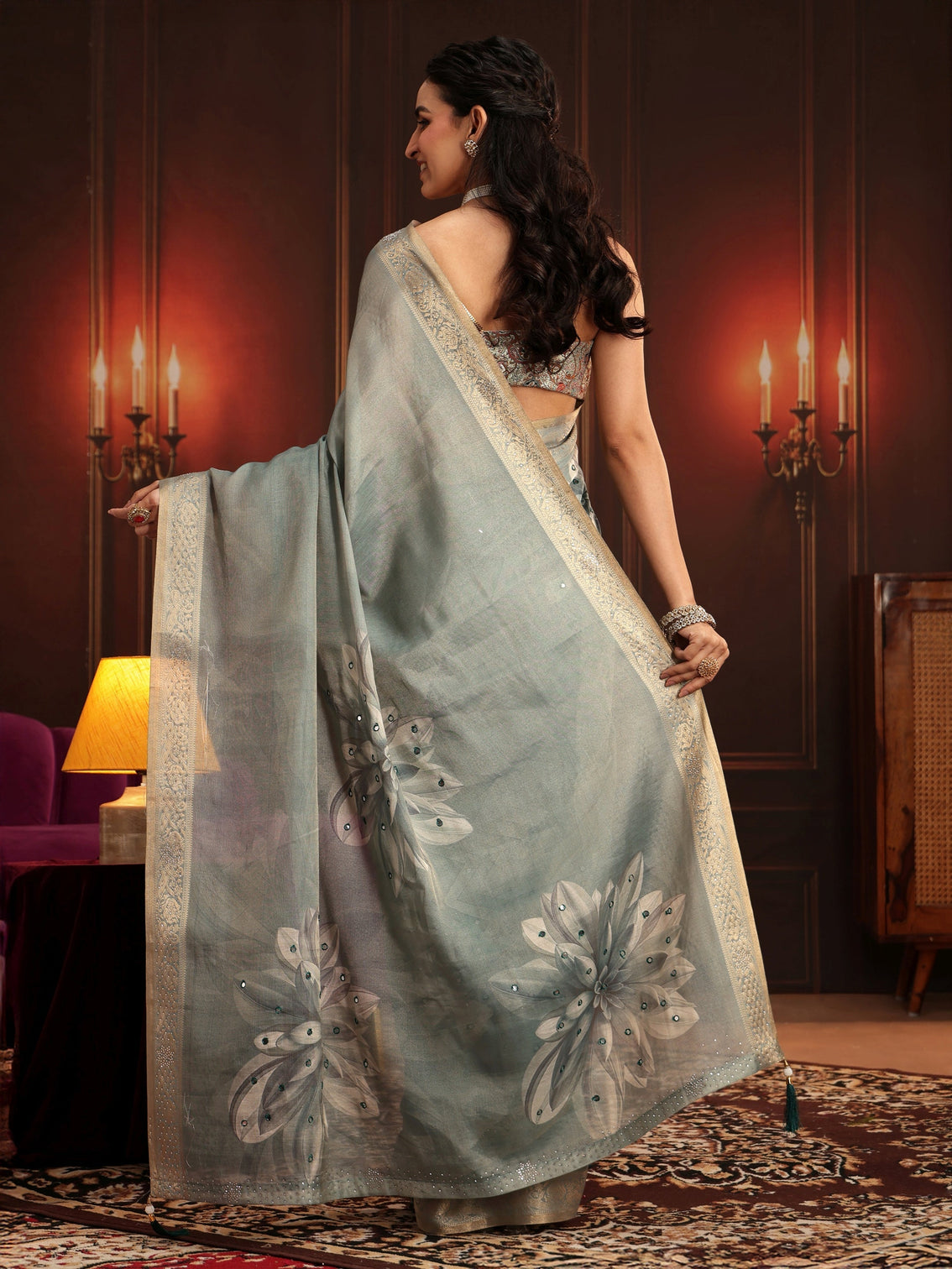 Mameraa Dusty Aqua Blue Floral Printed Silk Blend Saree