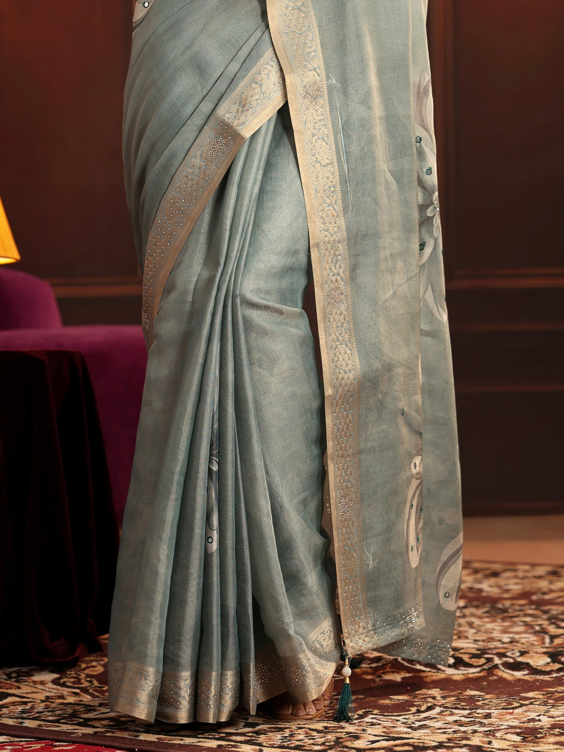 Mameraa Dusty Aqua Blue Floral Printed Silk Blend Saree