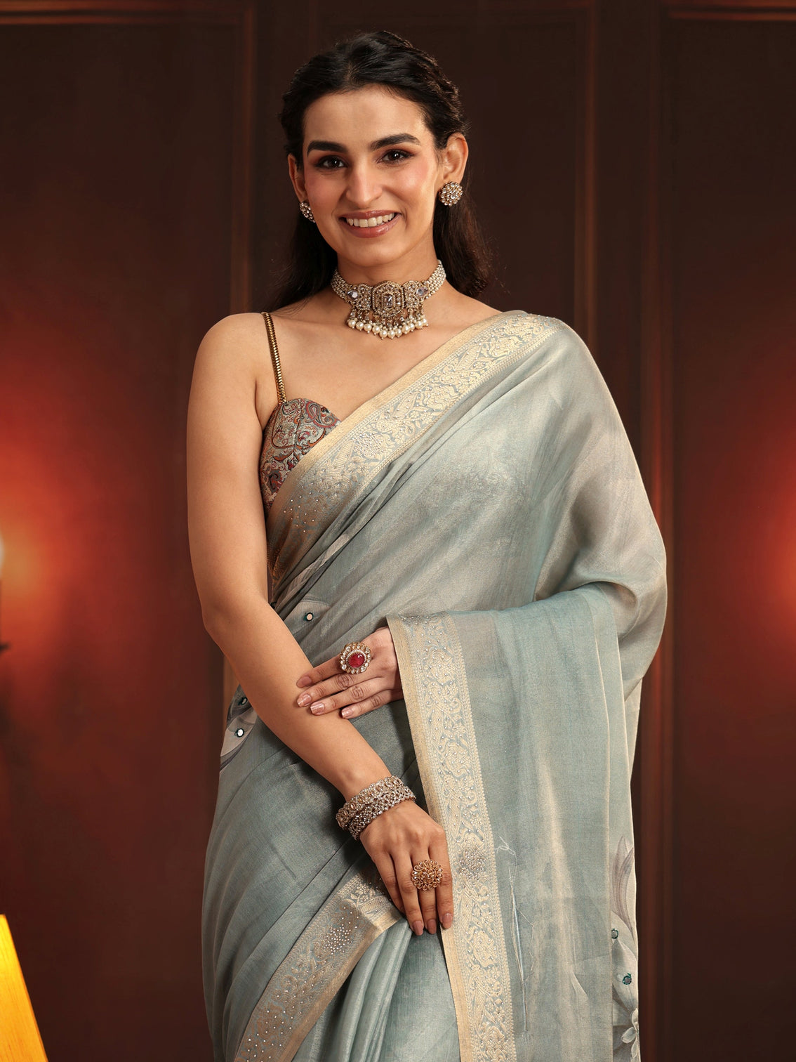 Mameraa Dusty Aqua Blue Floral Printed Silk Blend Saree