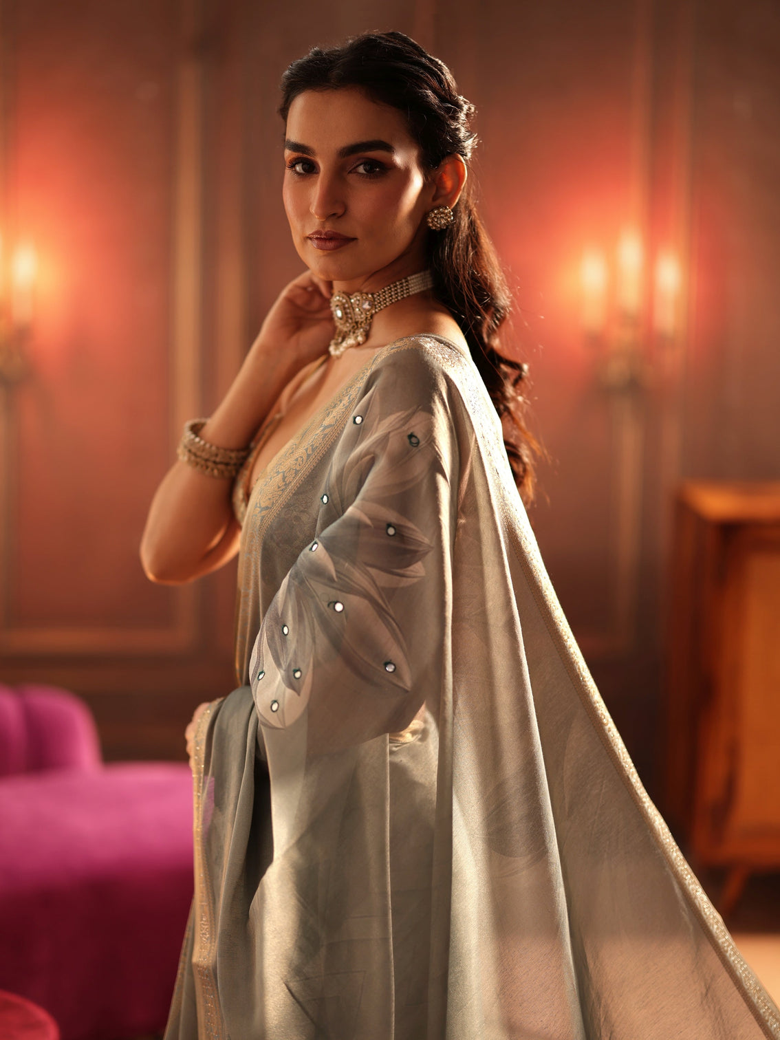 Mameraa Dusty Aqua Blue Floral Printed Silk Blend Saree