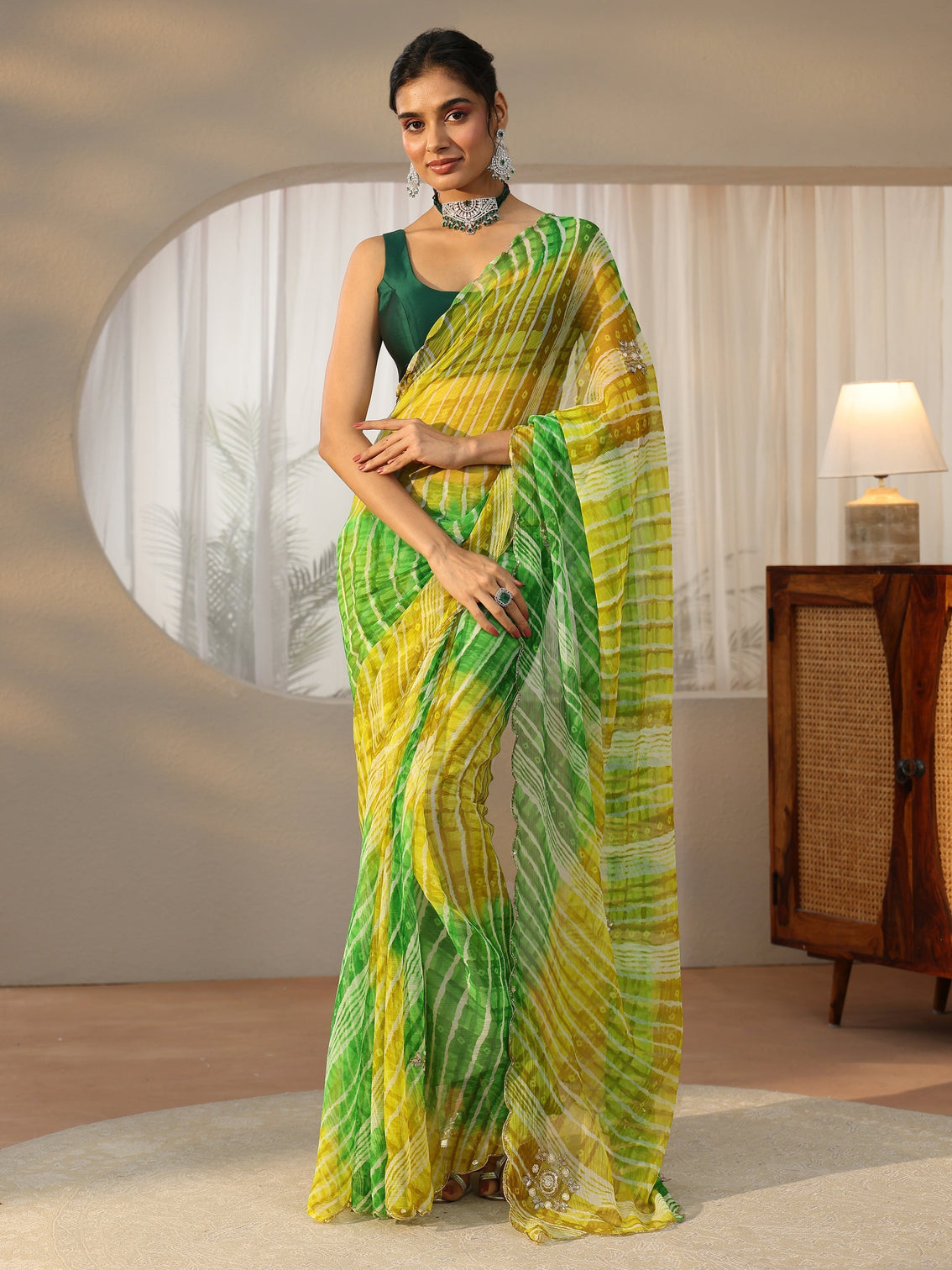 Mameraa Lime Green Leheriya Printed Chiffon Saree