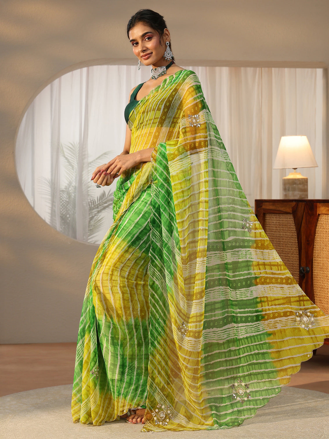 Mameraa Lime Green Leheriya Printed Chiffon Saree