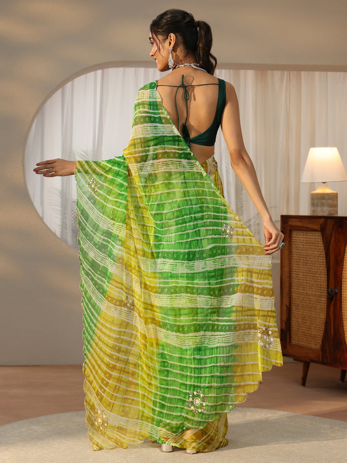 Mameraa Lime Green Leheriya Printed Chiffon Saree