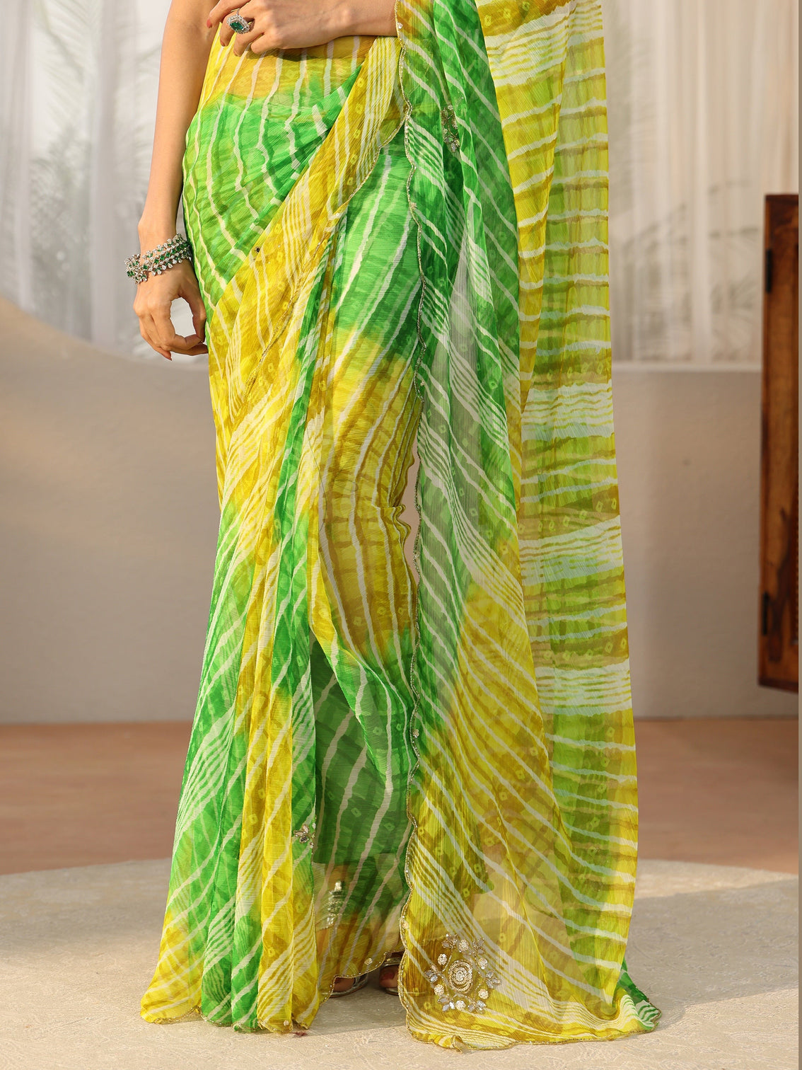 Mameraa Lime Green Leheriya Printed Chiffon Saree
