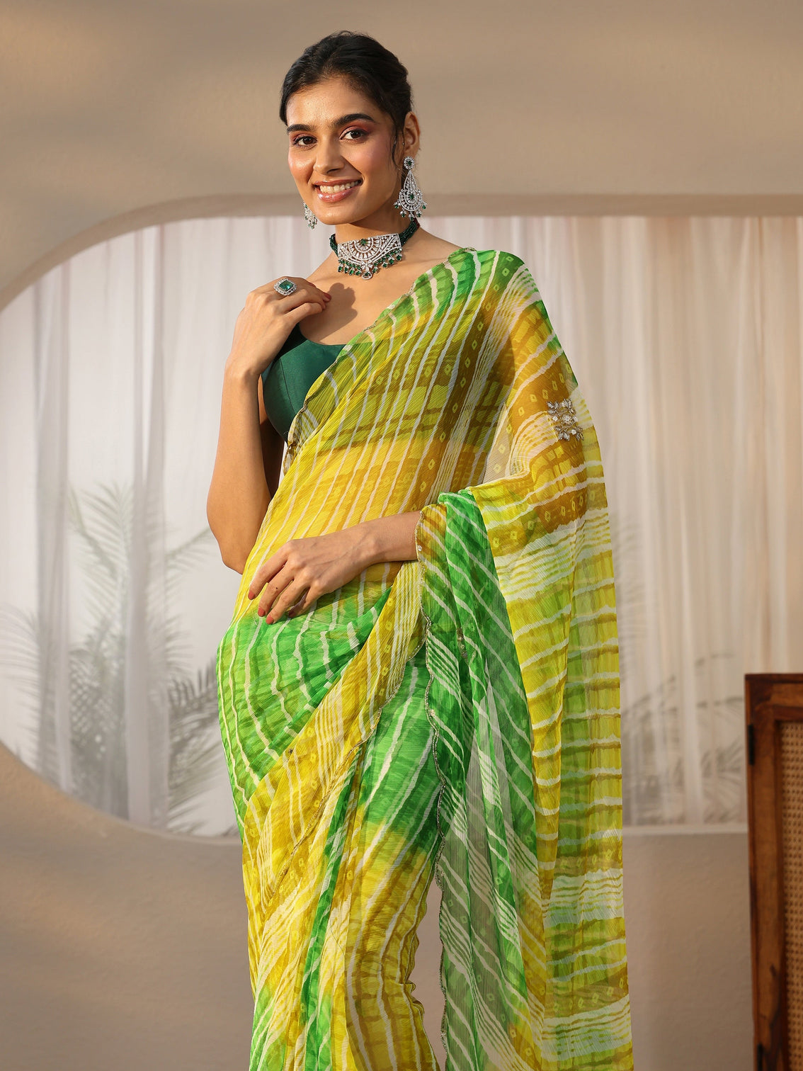 Mameraa Lime Green Leheriya Printed Chiffon Saree