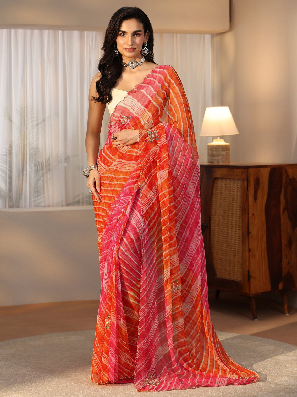 Mameraa Orange Leheriya Printed Chiffon Saree