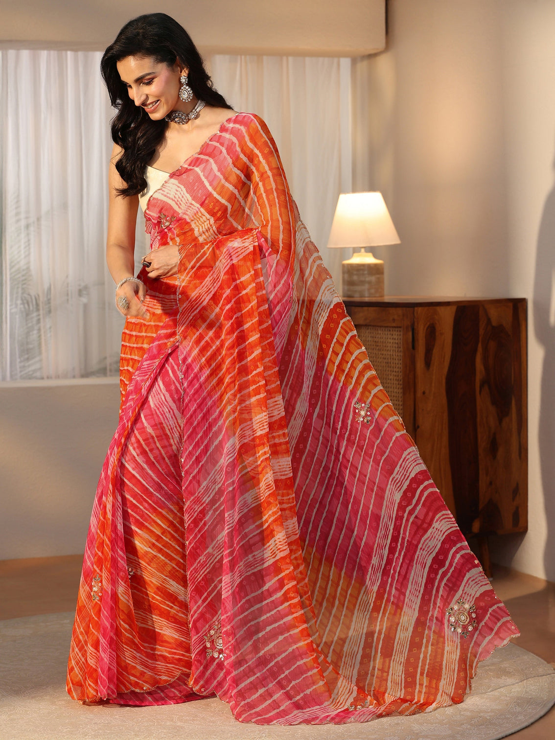 Mameraa Orange Leheriya Printed Chiffon Saree