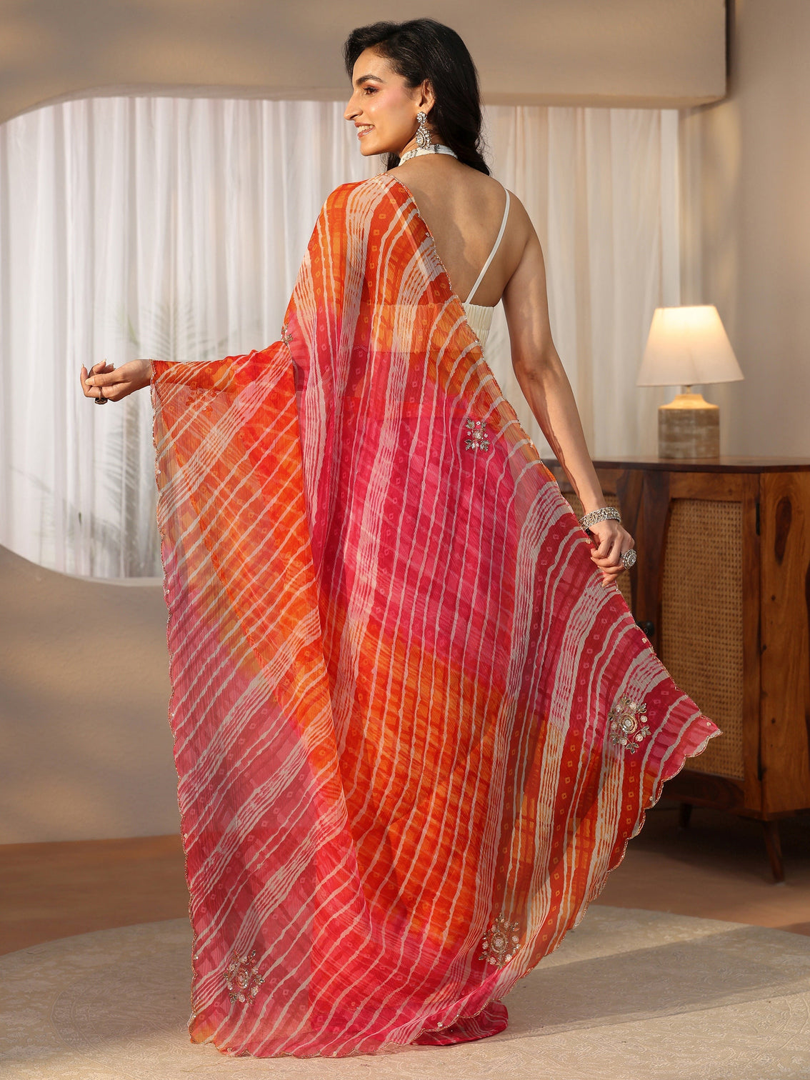 Mameraa Orange Leheriya Printed Chiffon Saree
