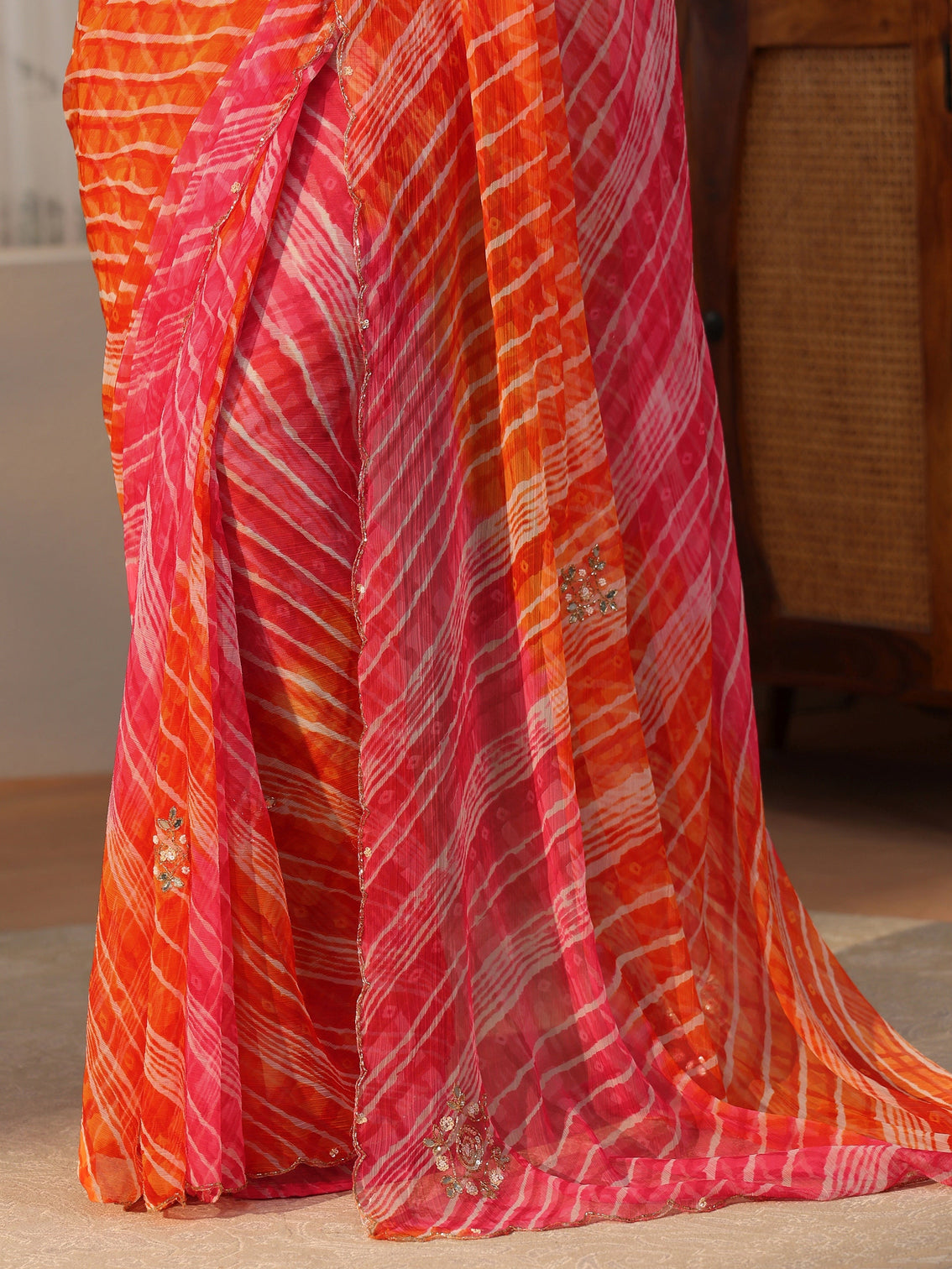Mameraa Orange Leheriya Printed Chiffon Saree