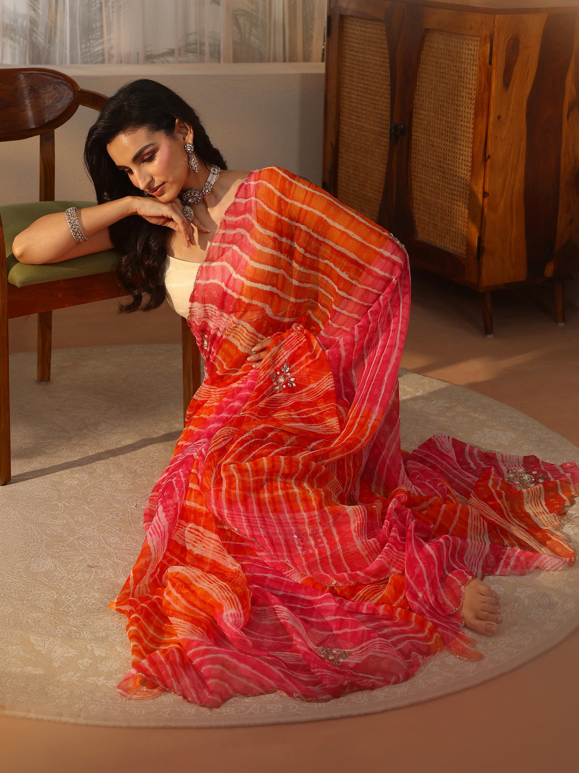 Mameraa Orange Leheriya Printed Chiffon Saree