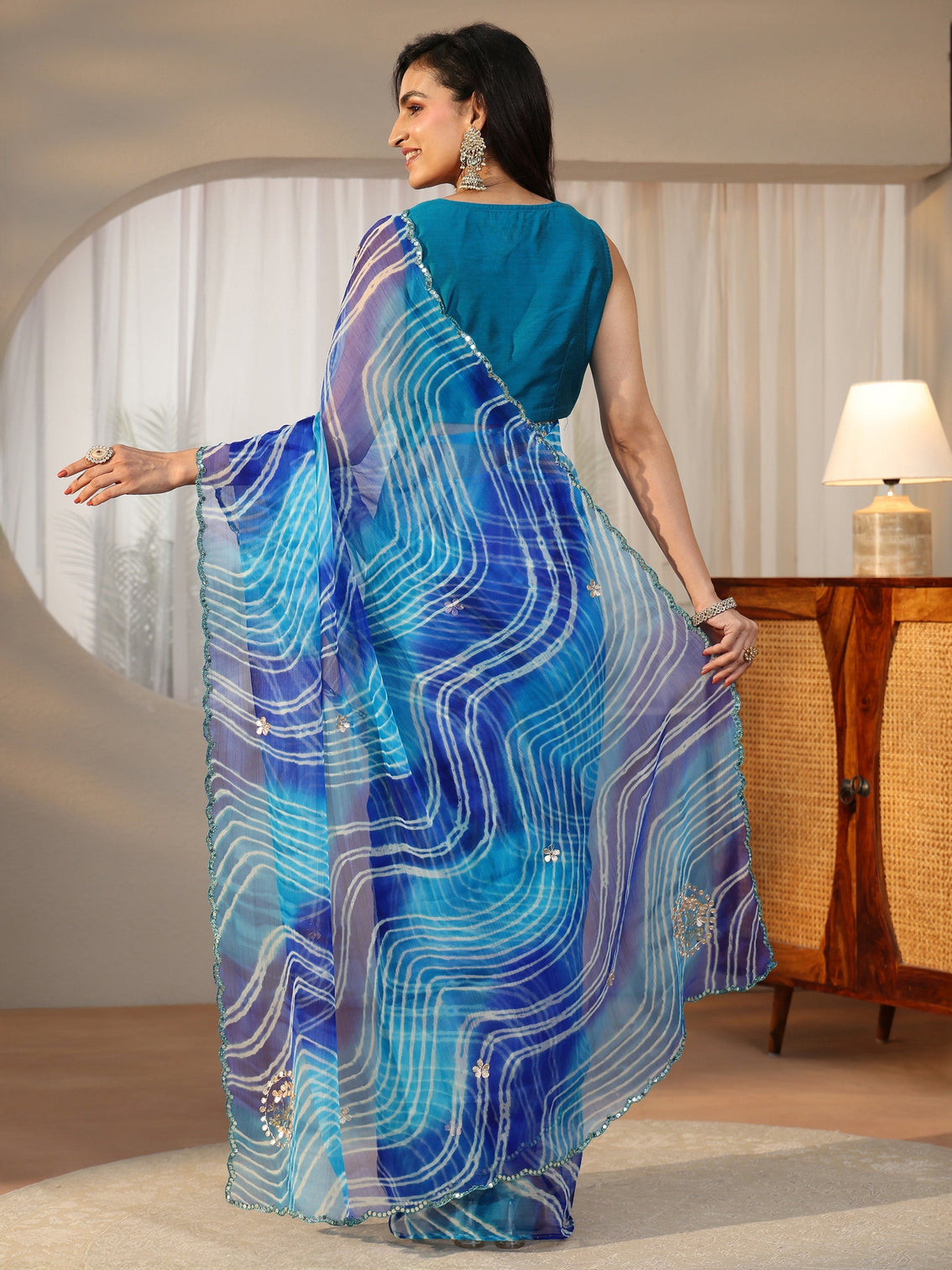 Mameraa Cobalt Blue Leheriya Printed Chiffon Saree