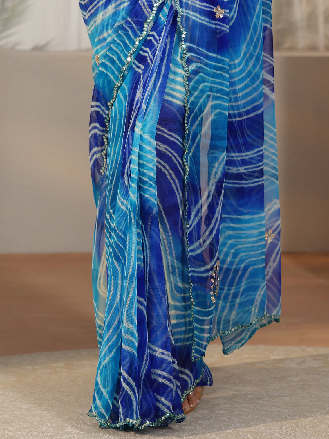 Mameraa Cobalt Blue Leheriya Printed Chiffon Saree