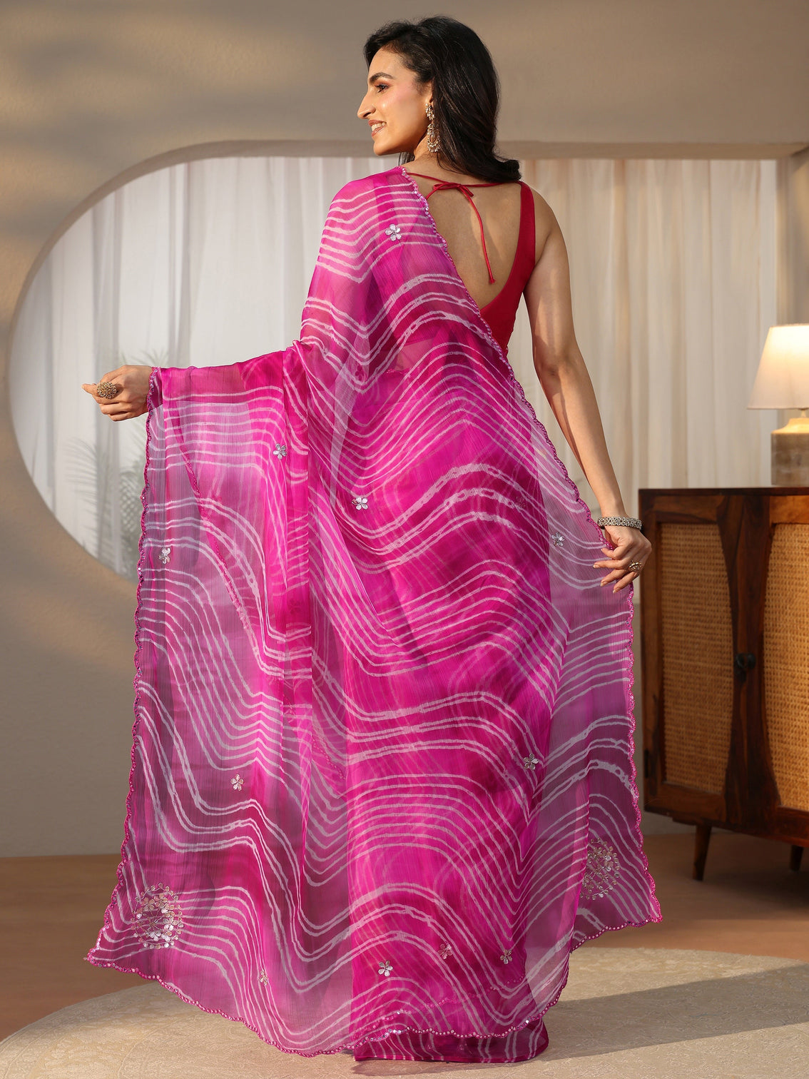 Mameraa Rani Pink Leheriya Printed Chiffon Saree