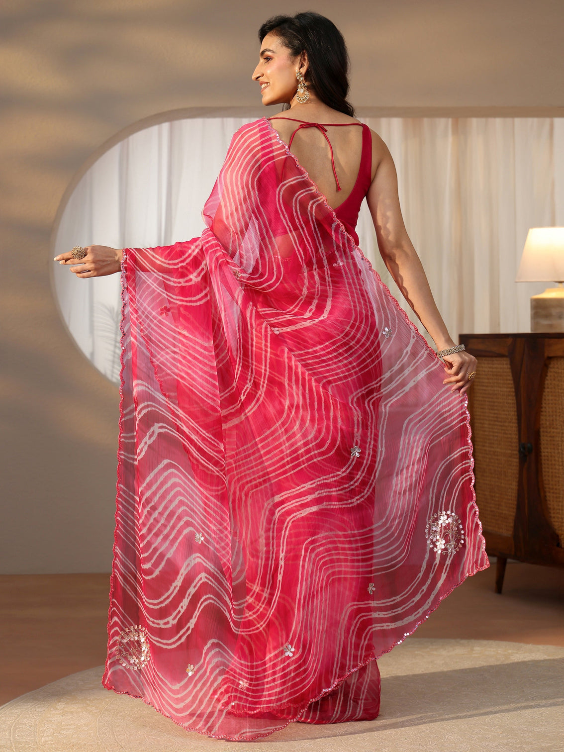 Mameraa Hot Pink Leheriya Printed Chiffon Saree
