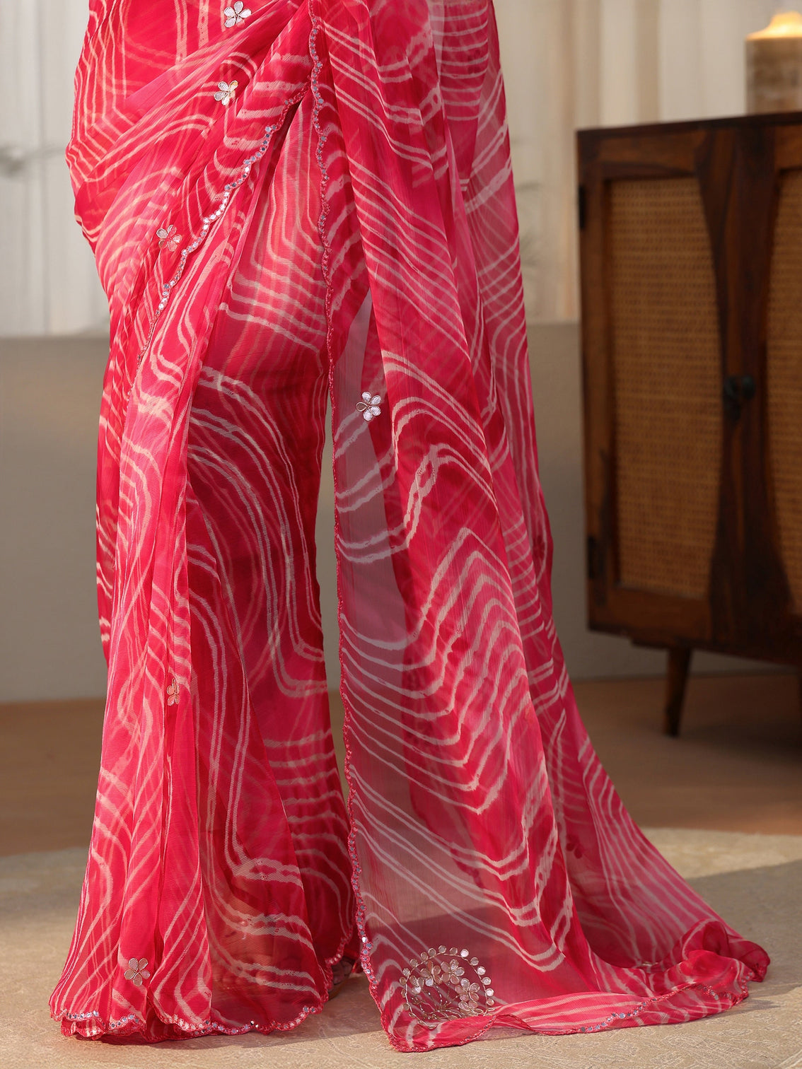 Mameraa Hot Pink Leheriya Printed Chiffon Saree