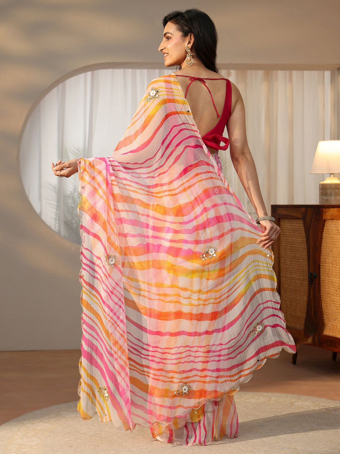 Mameraa Baby Pink Leheriya Printed Chiffon Saree