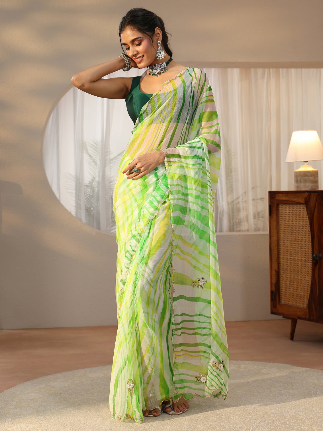 Mameraa Lime Green Leheriya Printed Chiffon Saree