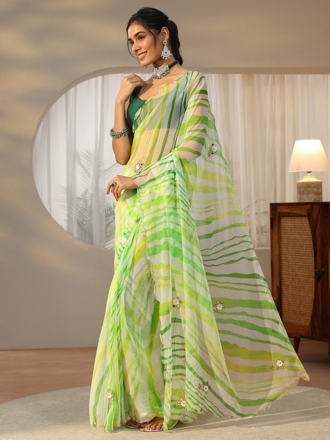 Mameraa Lime Green Leheriya Printed Chiffon Saree