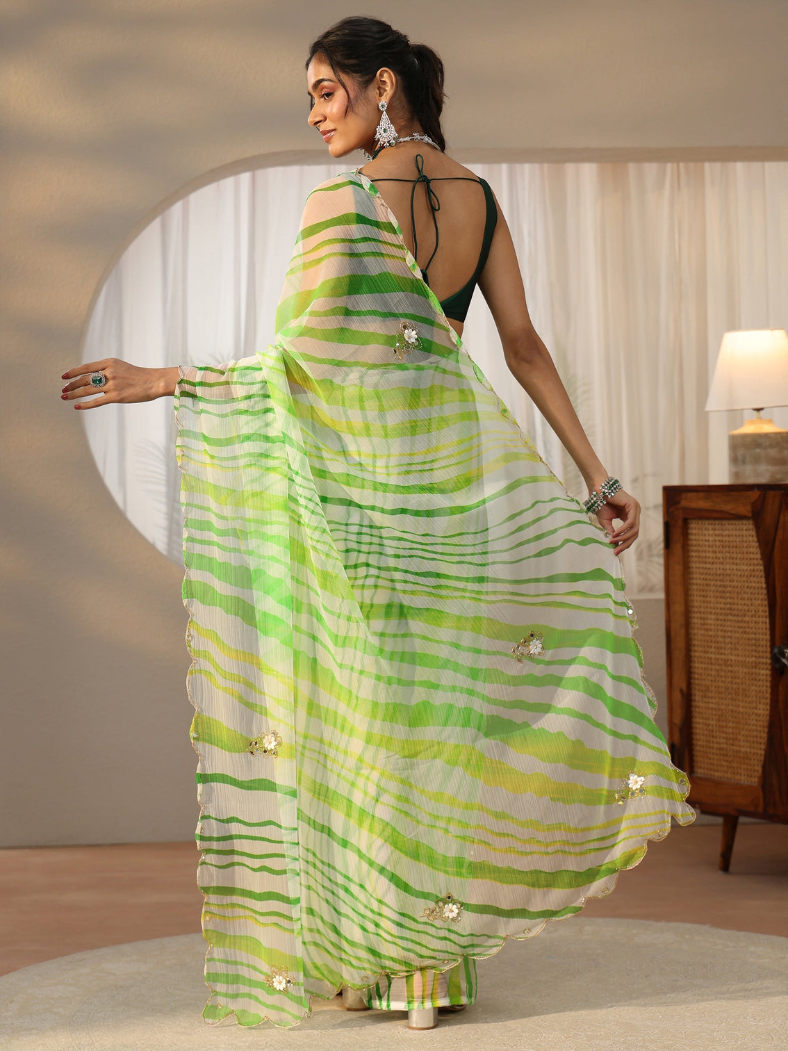 Mameraa Lime Green Leheriya Printed Chiffon Saree