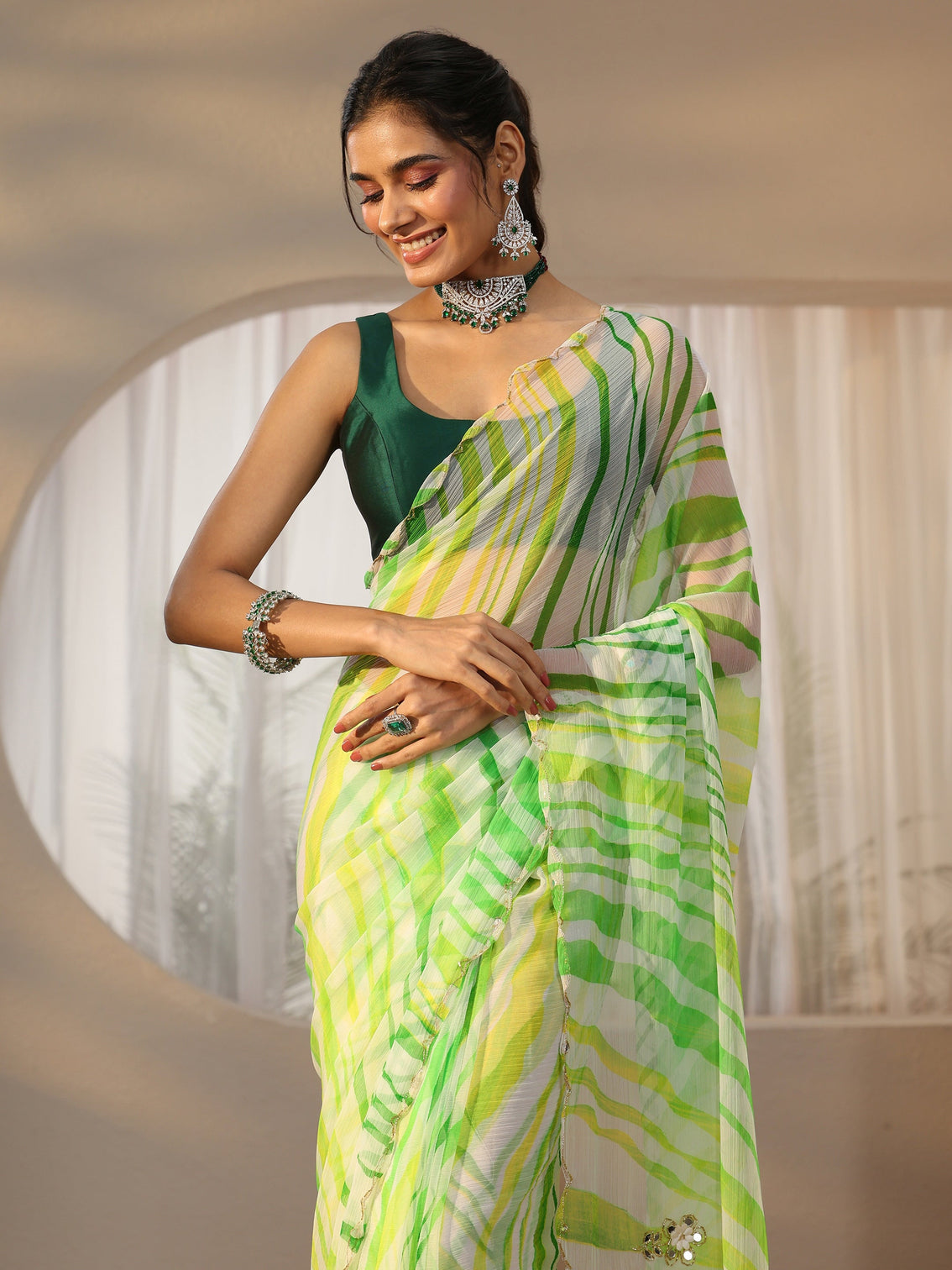 Mameraa Lime Green Leheriya Printed Chiffon Saree